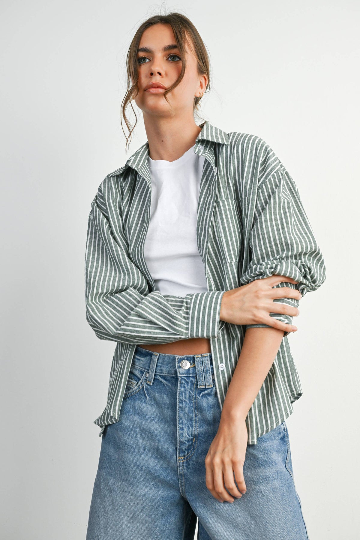 Cropped Striped Button-Up Collared Long Sleeve Top