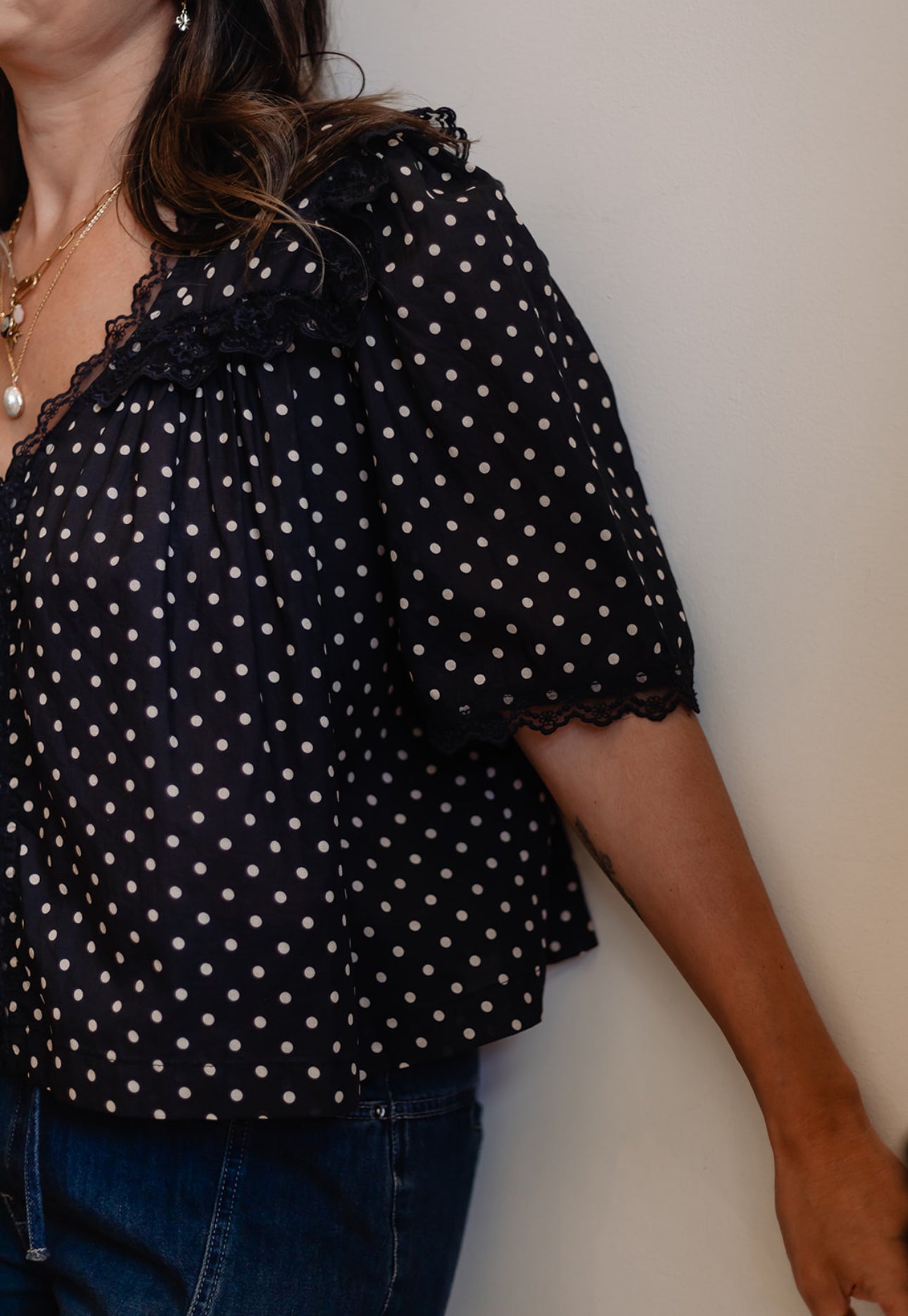 Polka Dot Lace Shirred Blouse