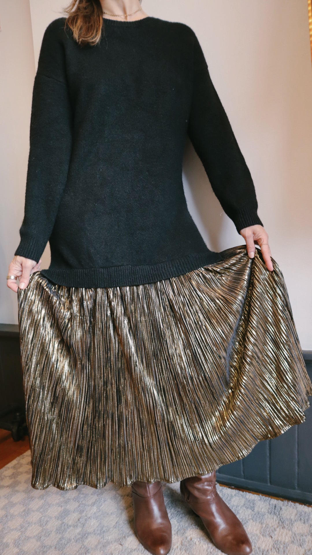 Metallic Skirt Sweater Dress