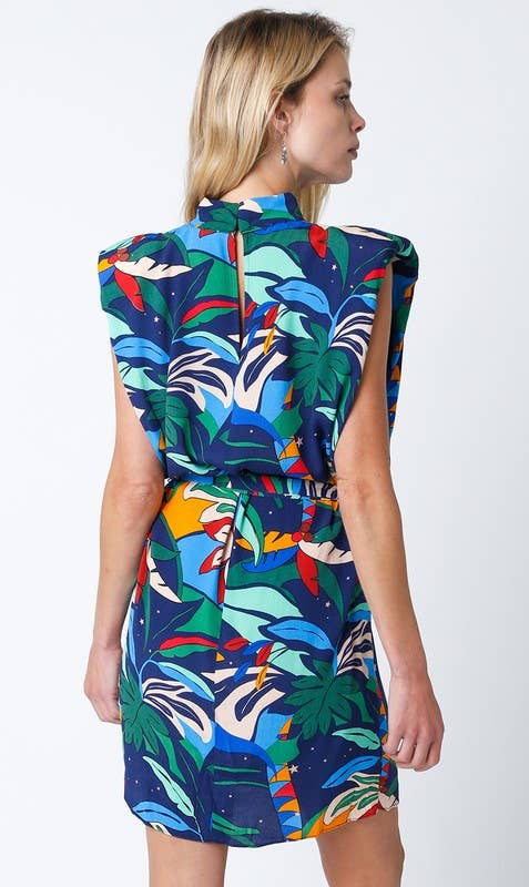 Tropical Mock-Neck Woven Mini Dress