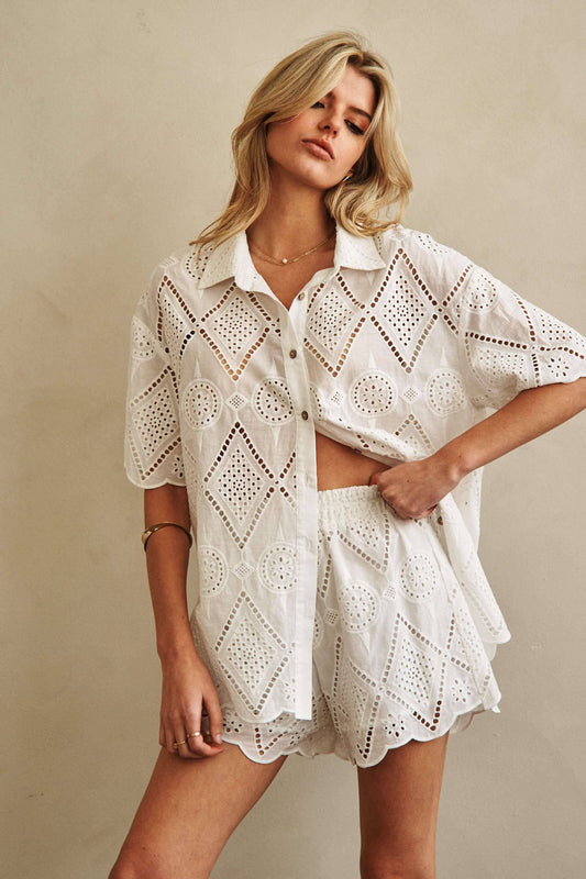 Oversized Eyelet Scalloped Button Down