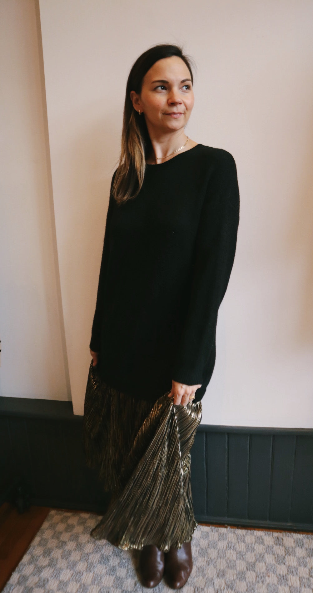 Metallic Skirt Sweater Dress