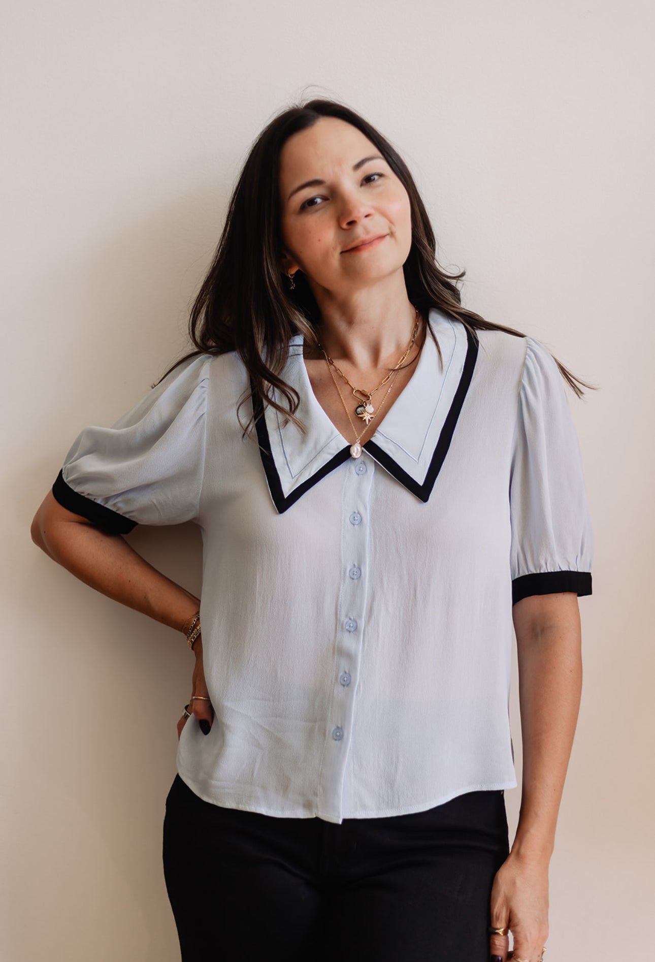 Sheer Triangle Collar Blouse
