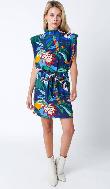 Tropical Mock-Neck Woven Mini Dress
