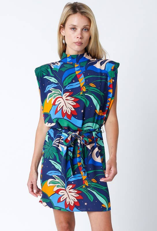 Tropical Mock-Neck Woven Mini Dress