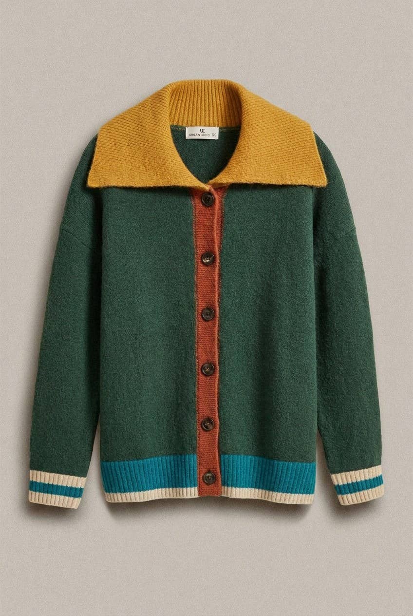 Colorblock Collared Button-Down Knit Cardigan