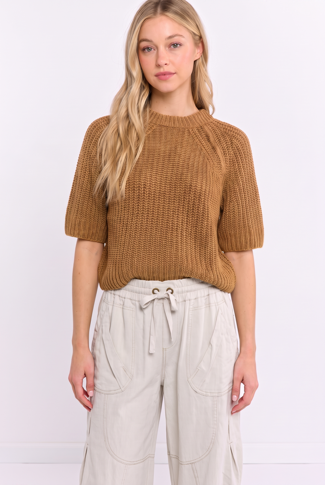 Cable Knit Short Sleeve Swing Sweater
