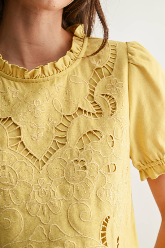 Embroidered Ruffle Linen Blouse