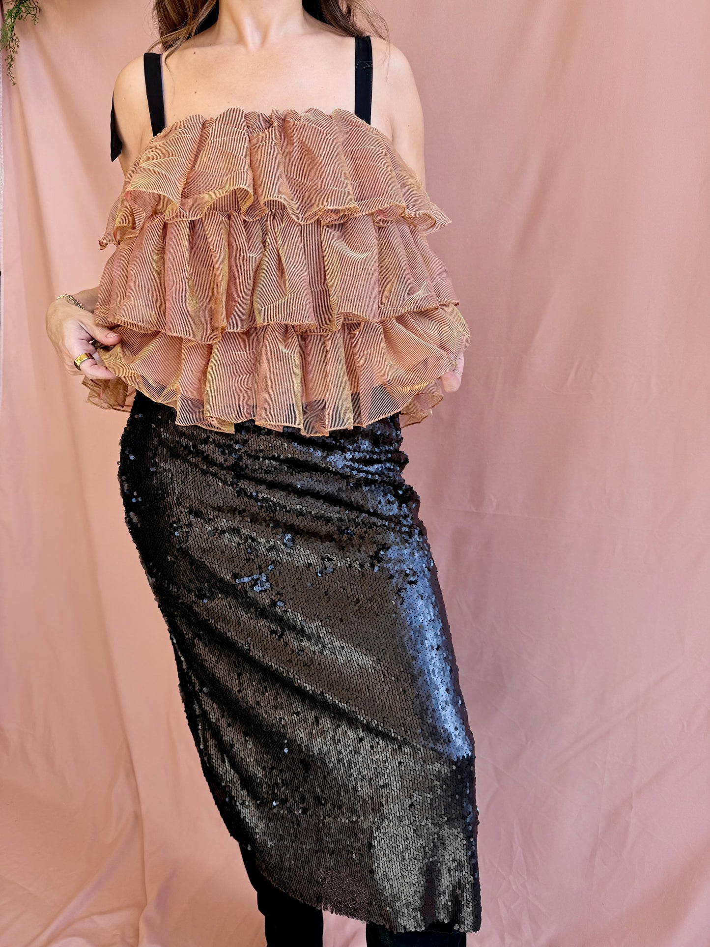 Layered Mesh Sequin Midi Skirt
