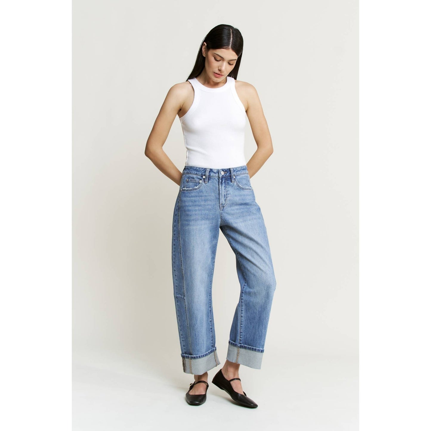 High Rise Cuffed Barrel Denim