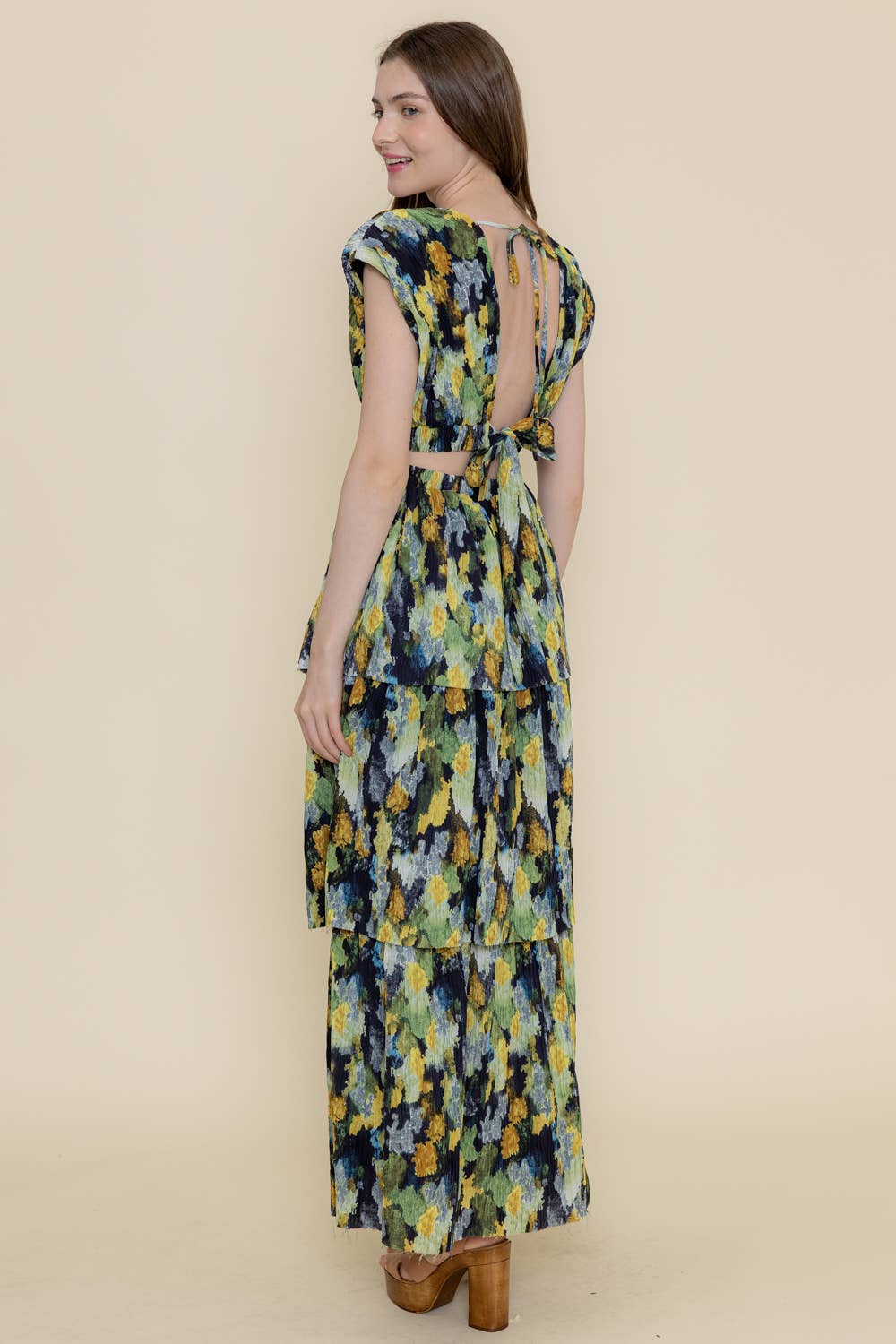 Plisse Tiered Cut-Out Dress