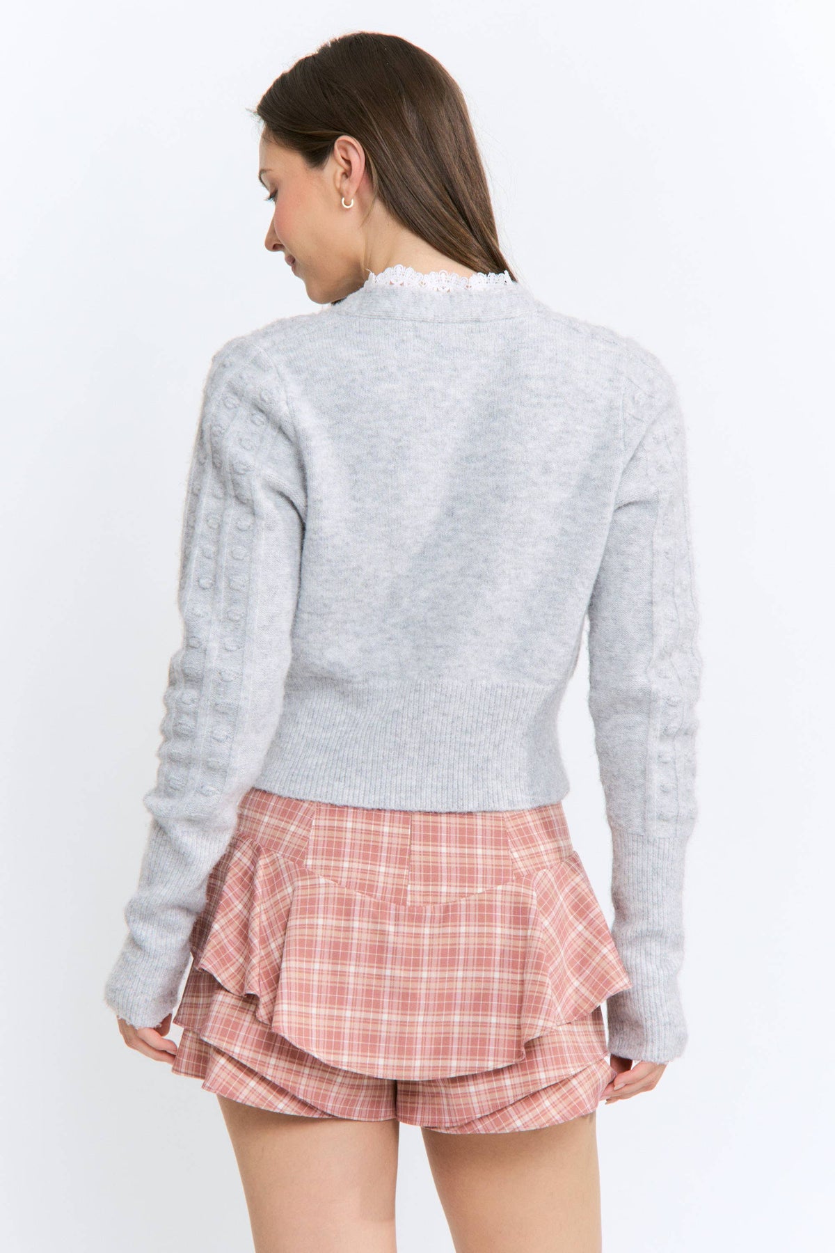 Lace-Trimmed Textured Knit Cardigan