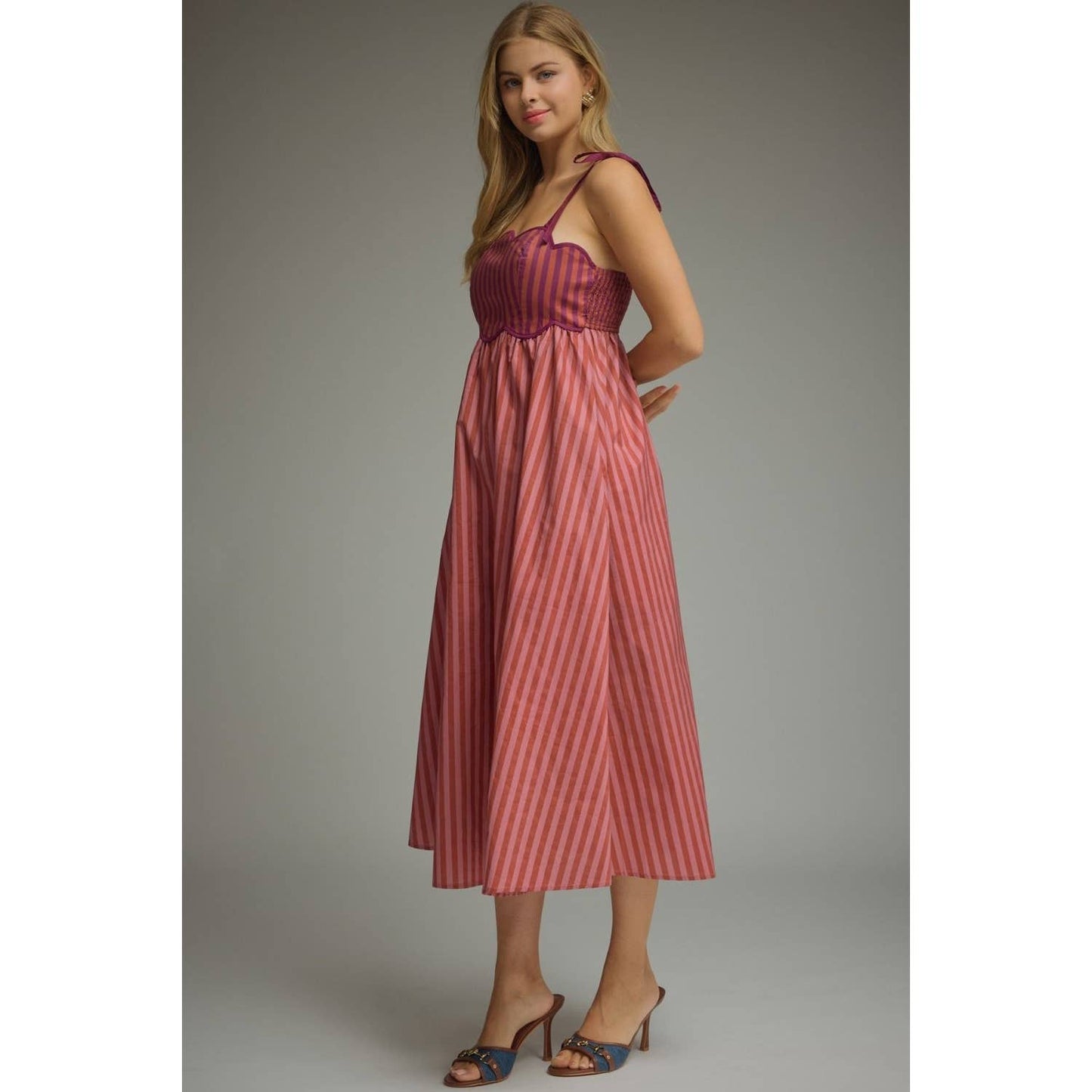 Striped Scallop Midi Dress