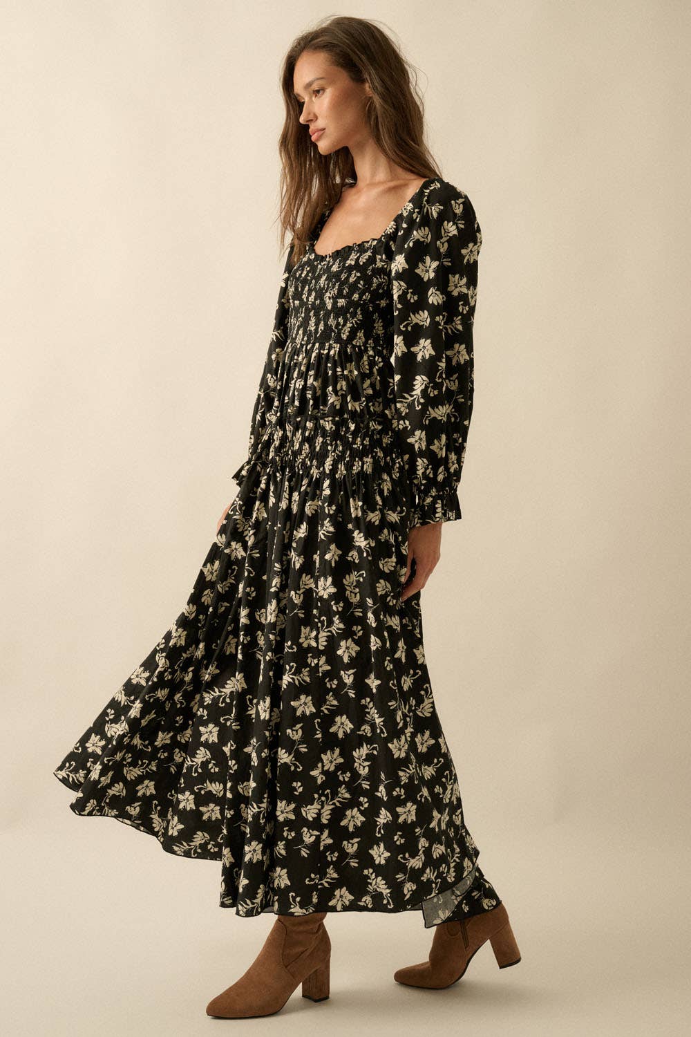 Floral-Print Smocked Bubble-Sleeve Midi Dress