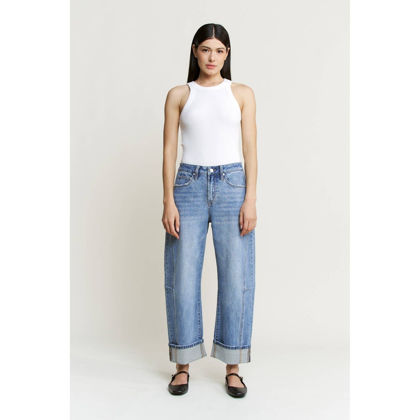 High Rise Cuffed Barrel Denim