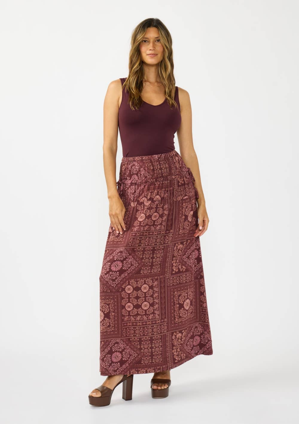 Gathered Waist Maxi Skirt with Side Tie Details
