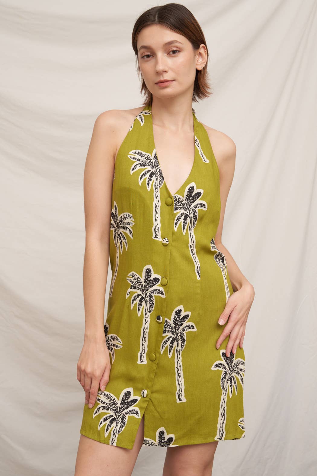 Halter Neck Palm Tree Print Mini Dress