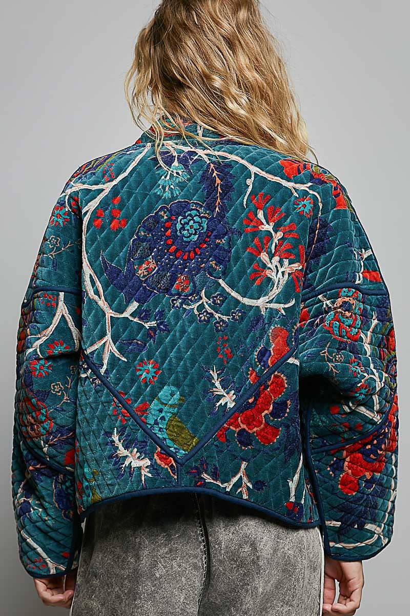 Contrast Piping Quilted Velvet Cropped Kimono Jacket