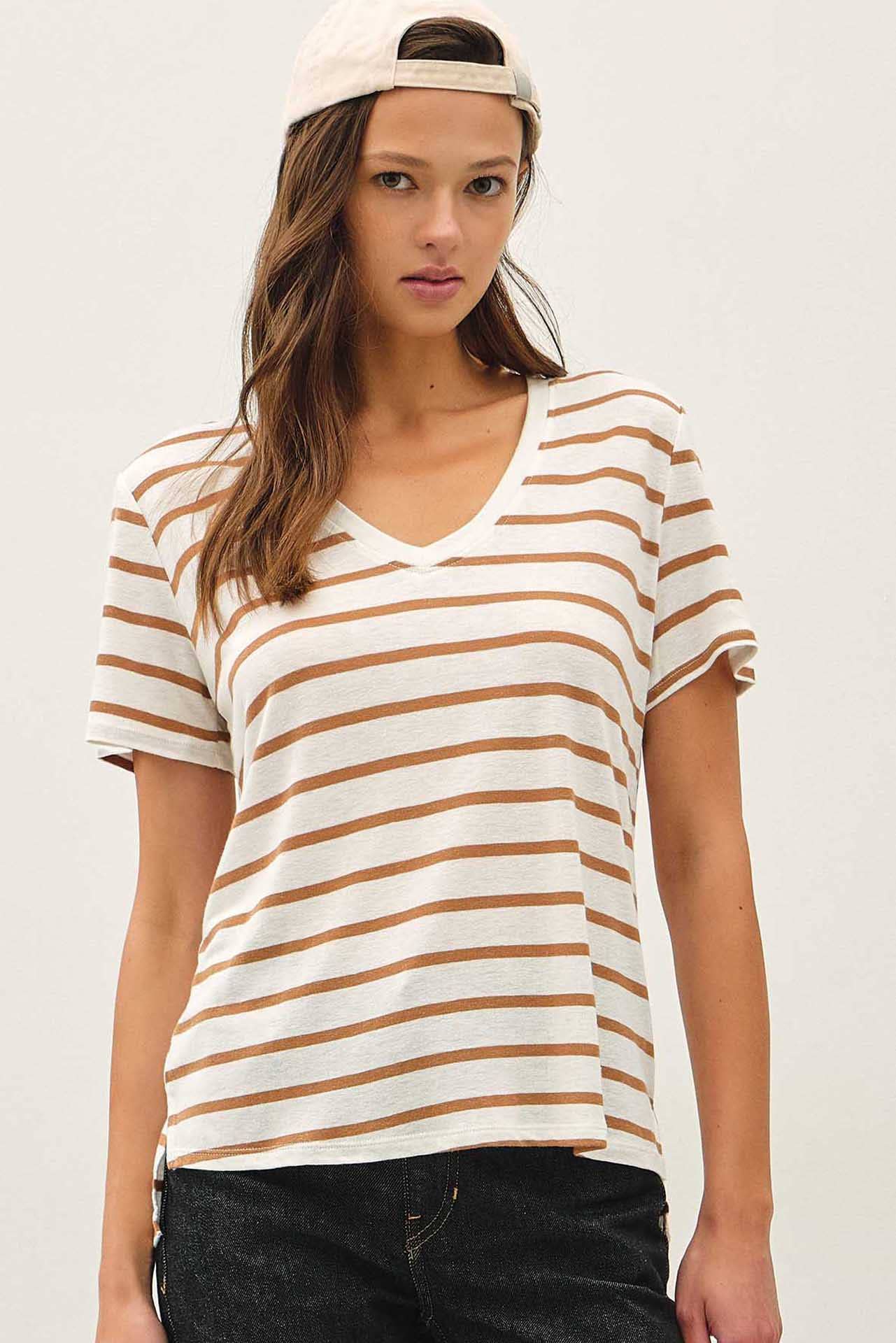 Linen Stripe V-Neck Tee