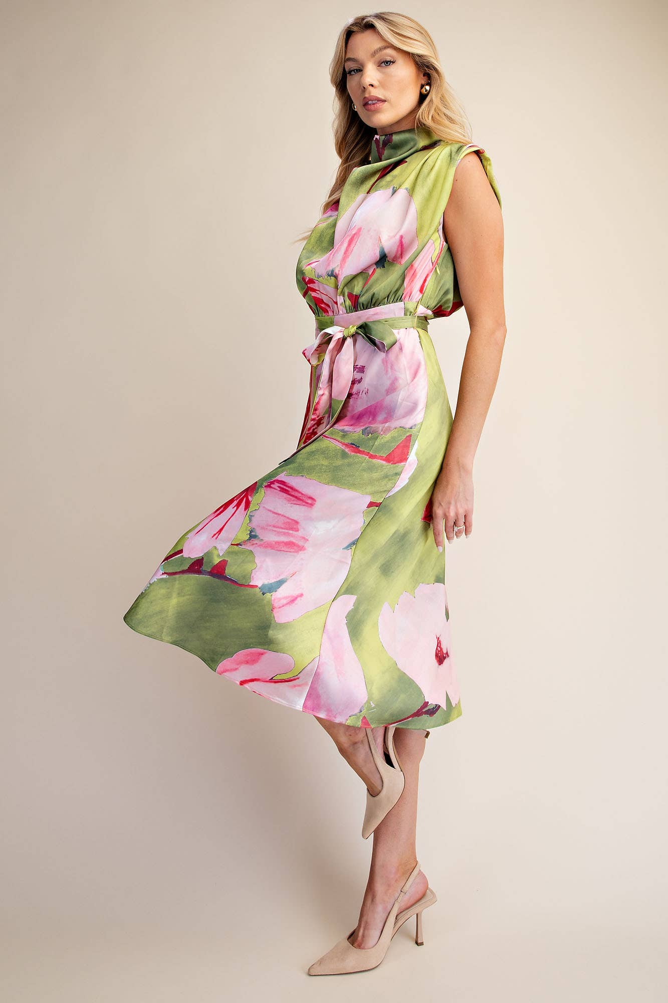 Floral Cowl Neck Sleeveless Midi Dress