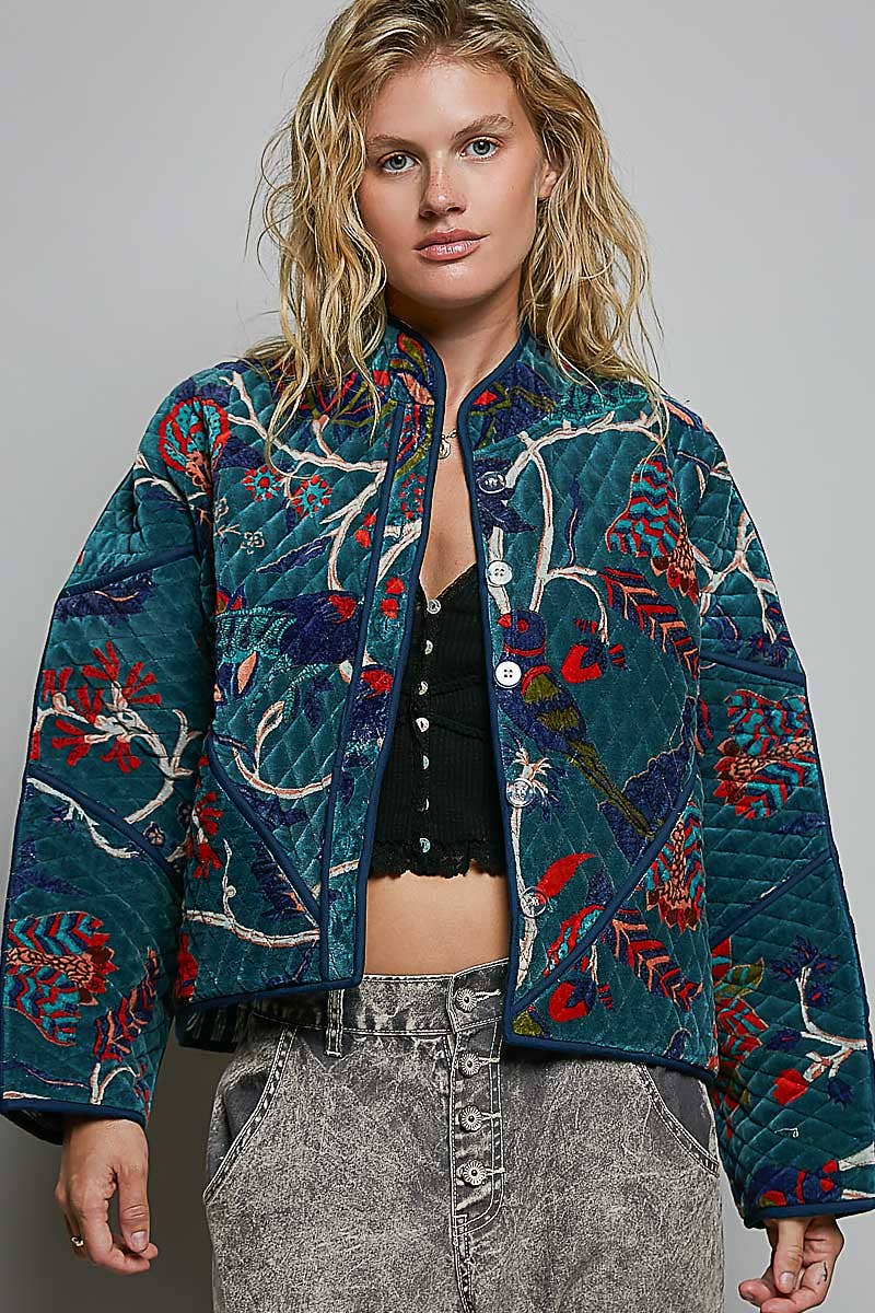 Contrast Piping Quilted Velvet Cropped Kimono Jacket