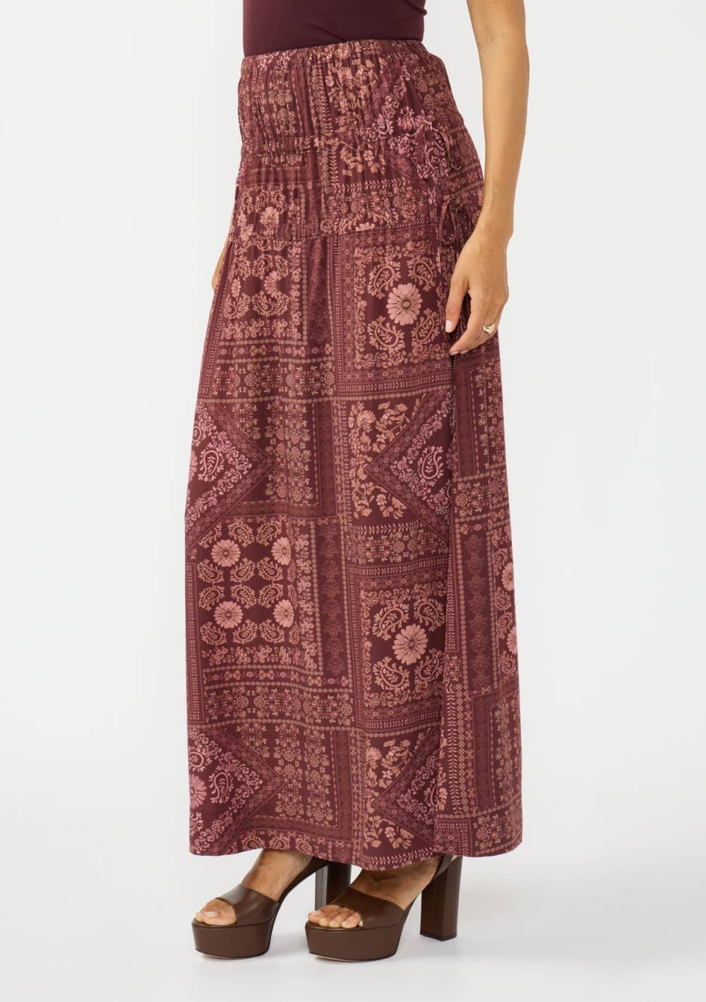 Gathered Waist Maxi Skirt with Side Tie Details