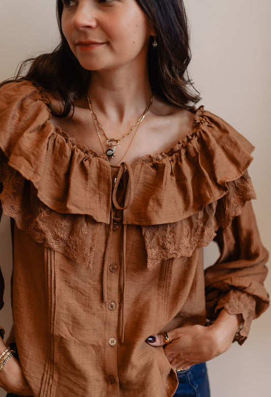 Lace Trim Ruffle Tie Neck Blouse