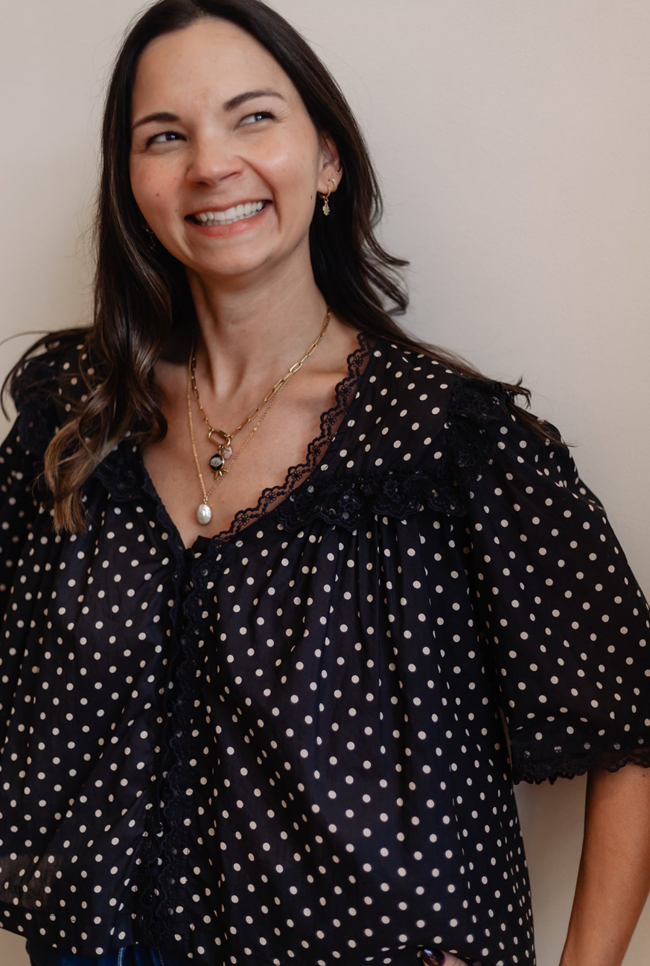 Polka Dot Lace Shirred Blouse