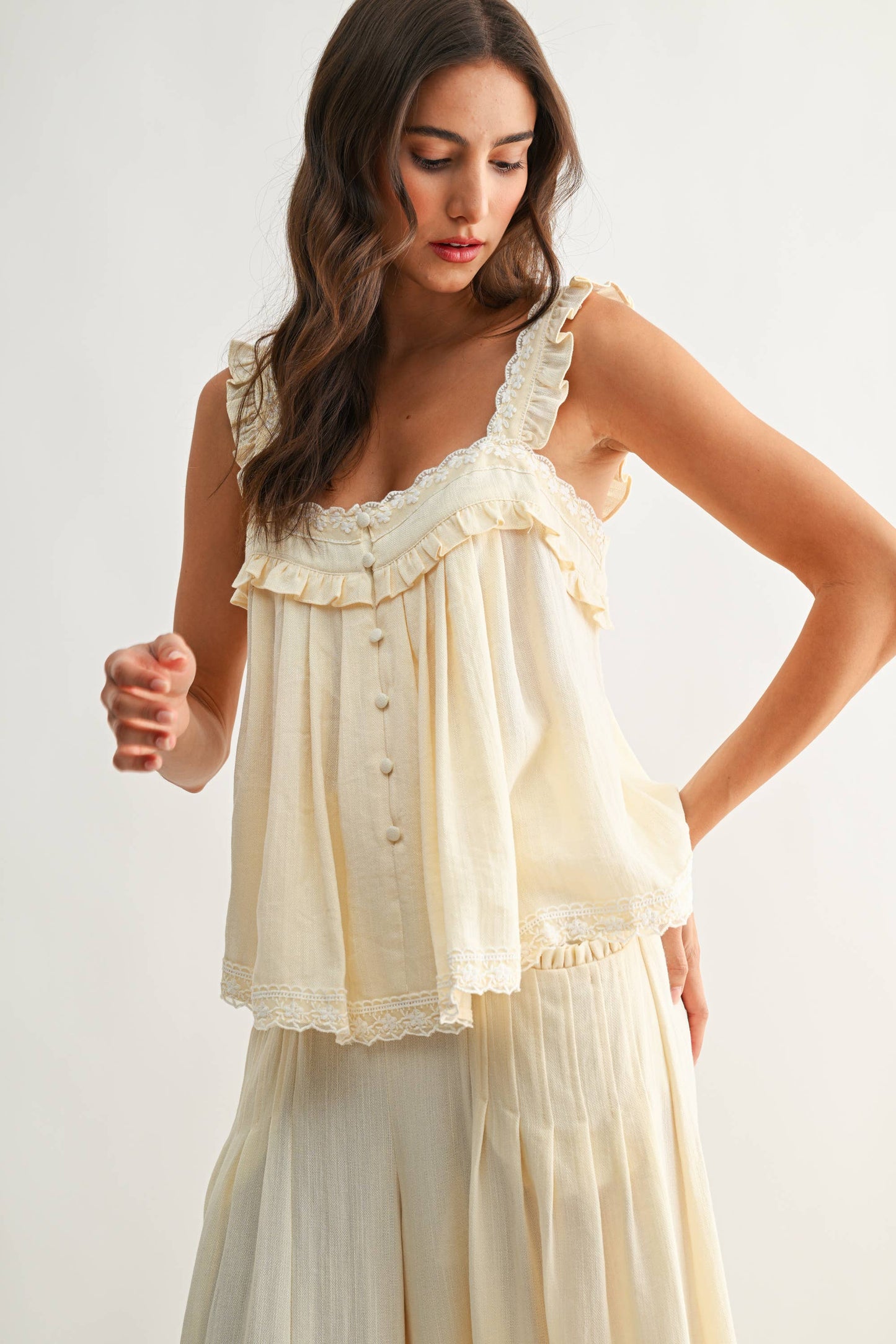 Ruffle-Trimmed Lace Blouse Set