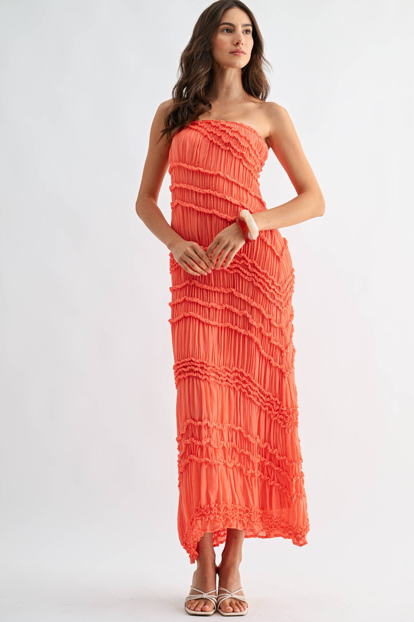 Strapless Textured Pleated Maxi Dress