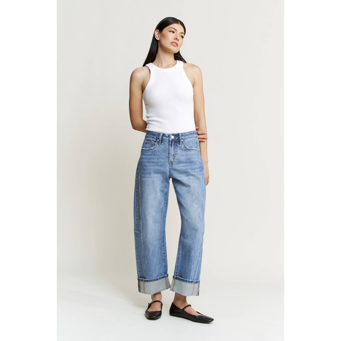 High Rise Cuffed Barrel Denim