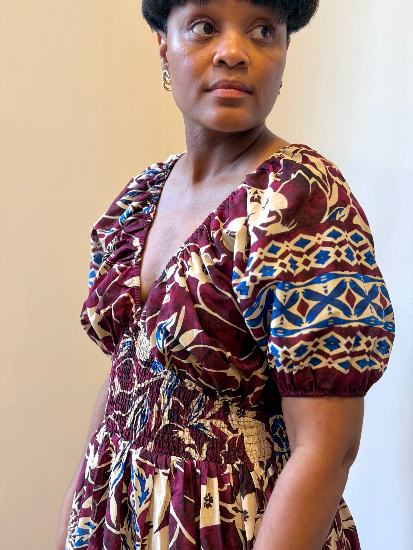 Woven Puff-Sleeve Maxi Dress