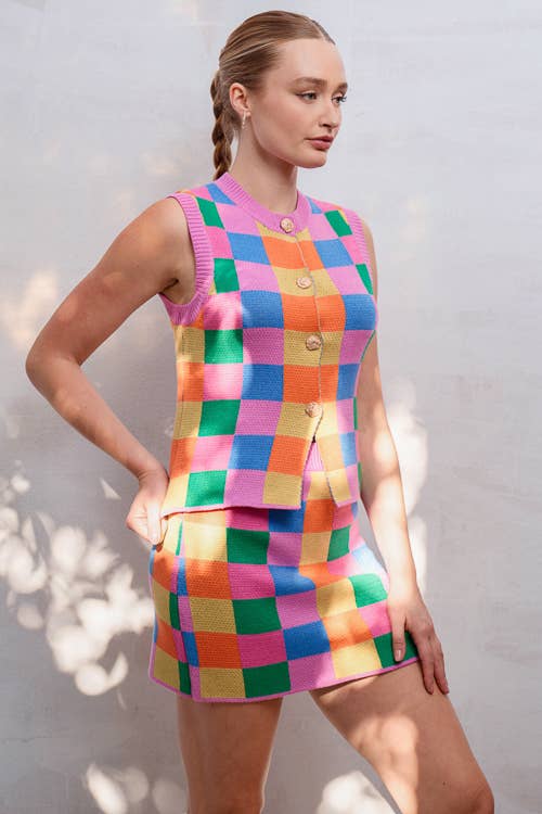 Multicolor Checkered Knit Tank