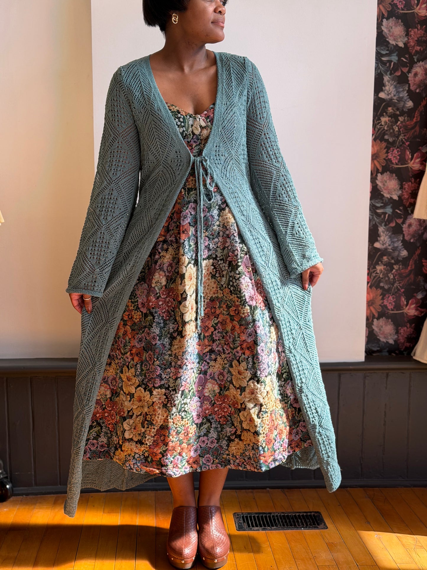 Tie-front Pointelle Crochet Duster