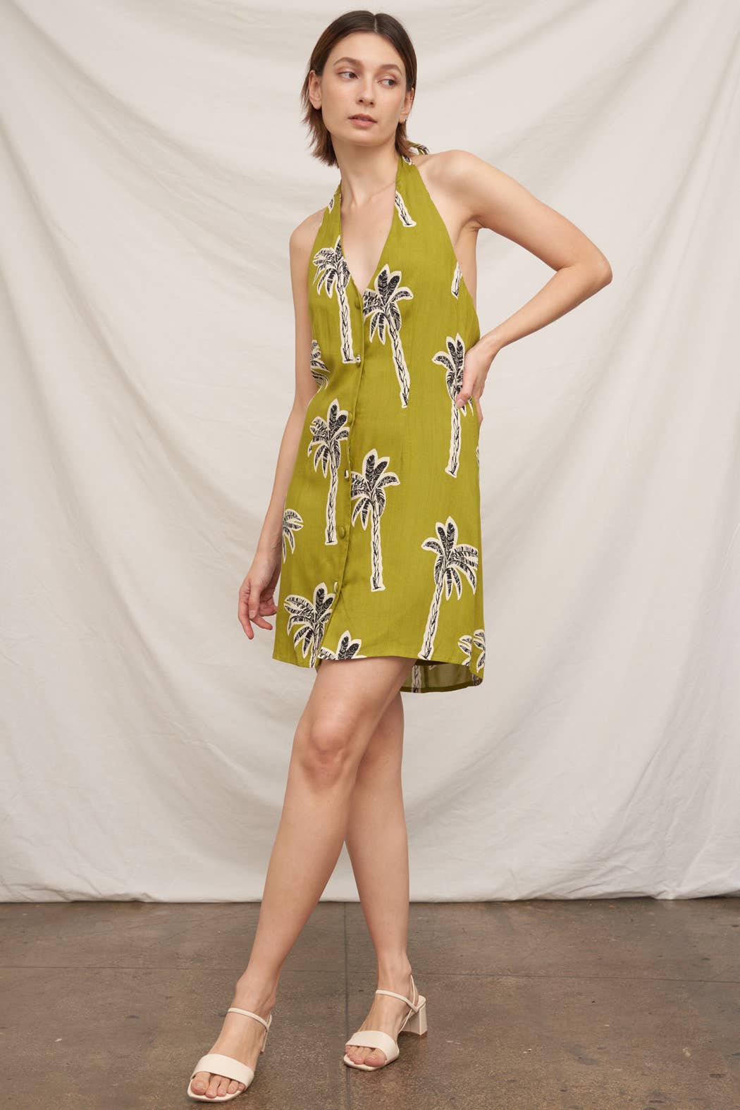 Halter Neck Palm Tree Print Mini Dress