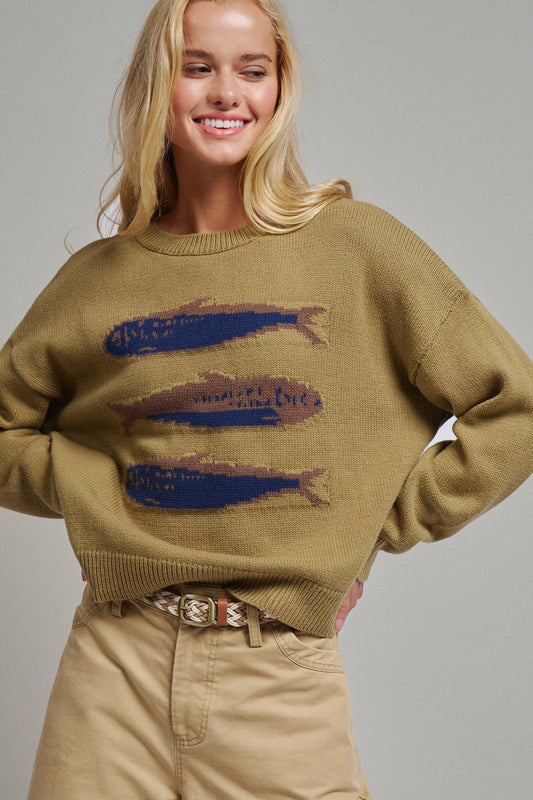 Sardine Graphic Oversized Knit Sweater