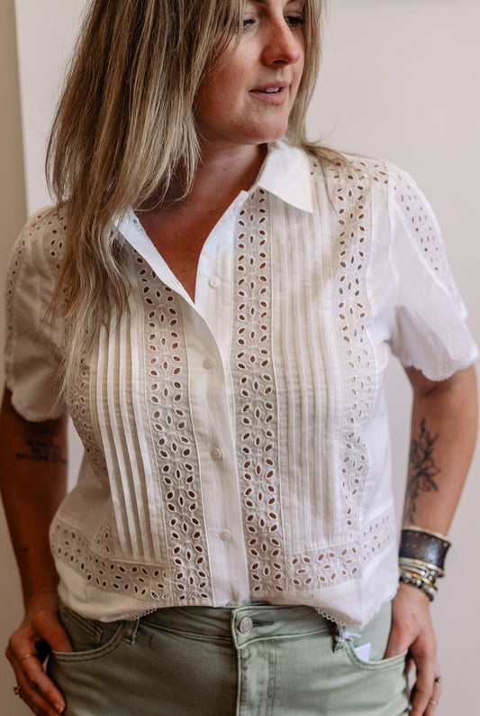 Floral Eyelet Lace-Trim Cotton Shirt