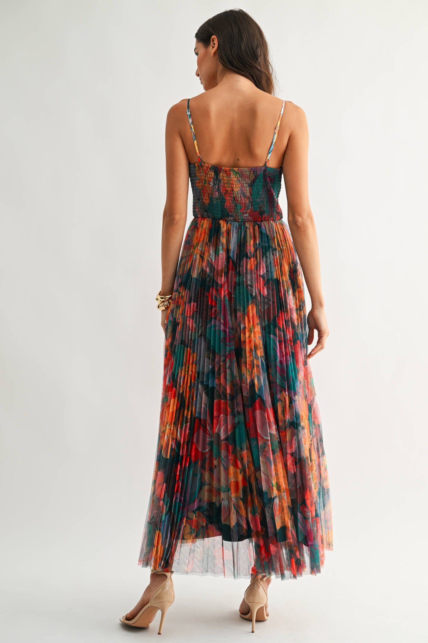 Pleated Floral Tulle Maxi Dress