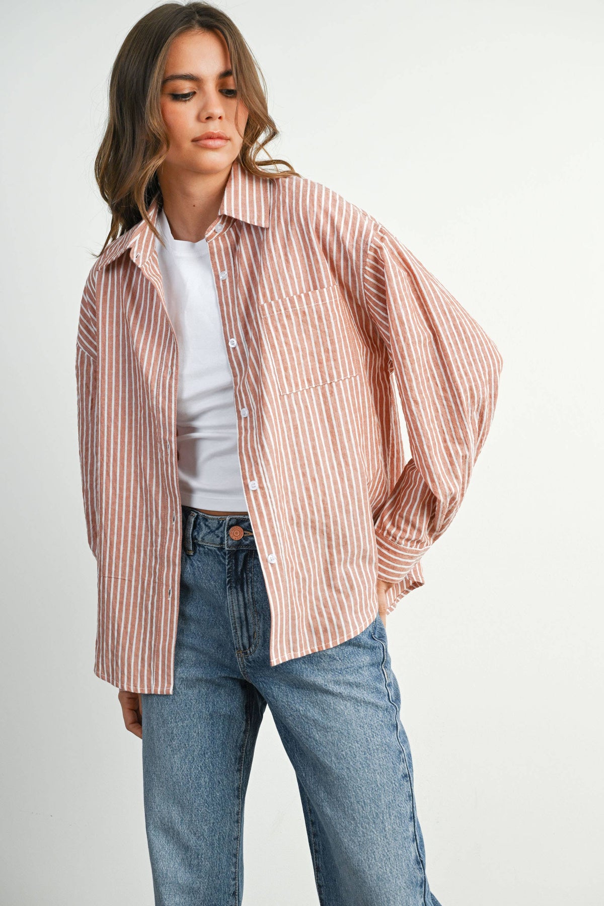 Cropped Striped Button-Up Collared Long Sleeve Top