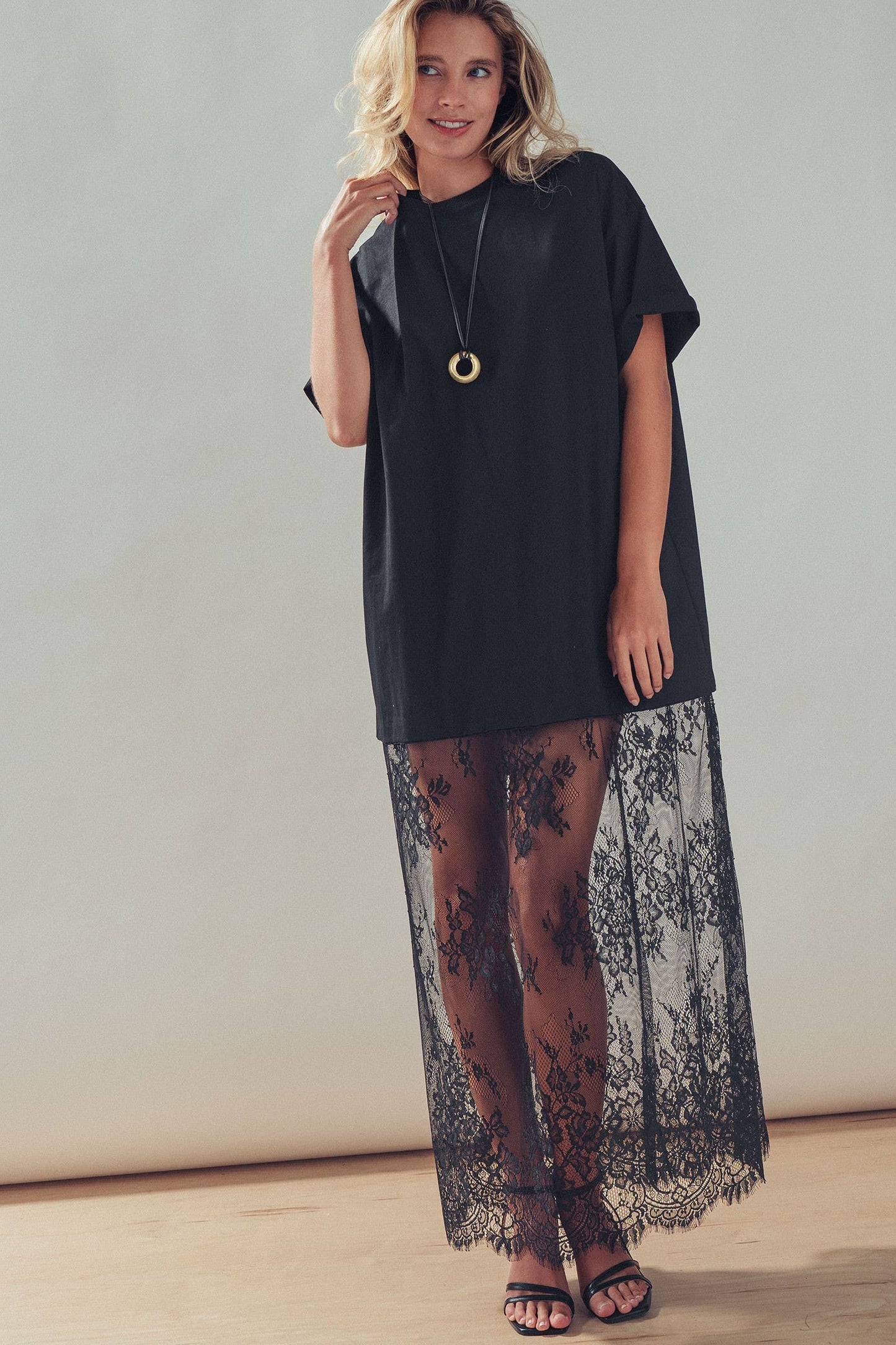 Mixed-Media Lace T-Shirt Dress