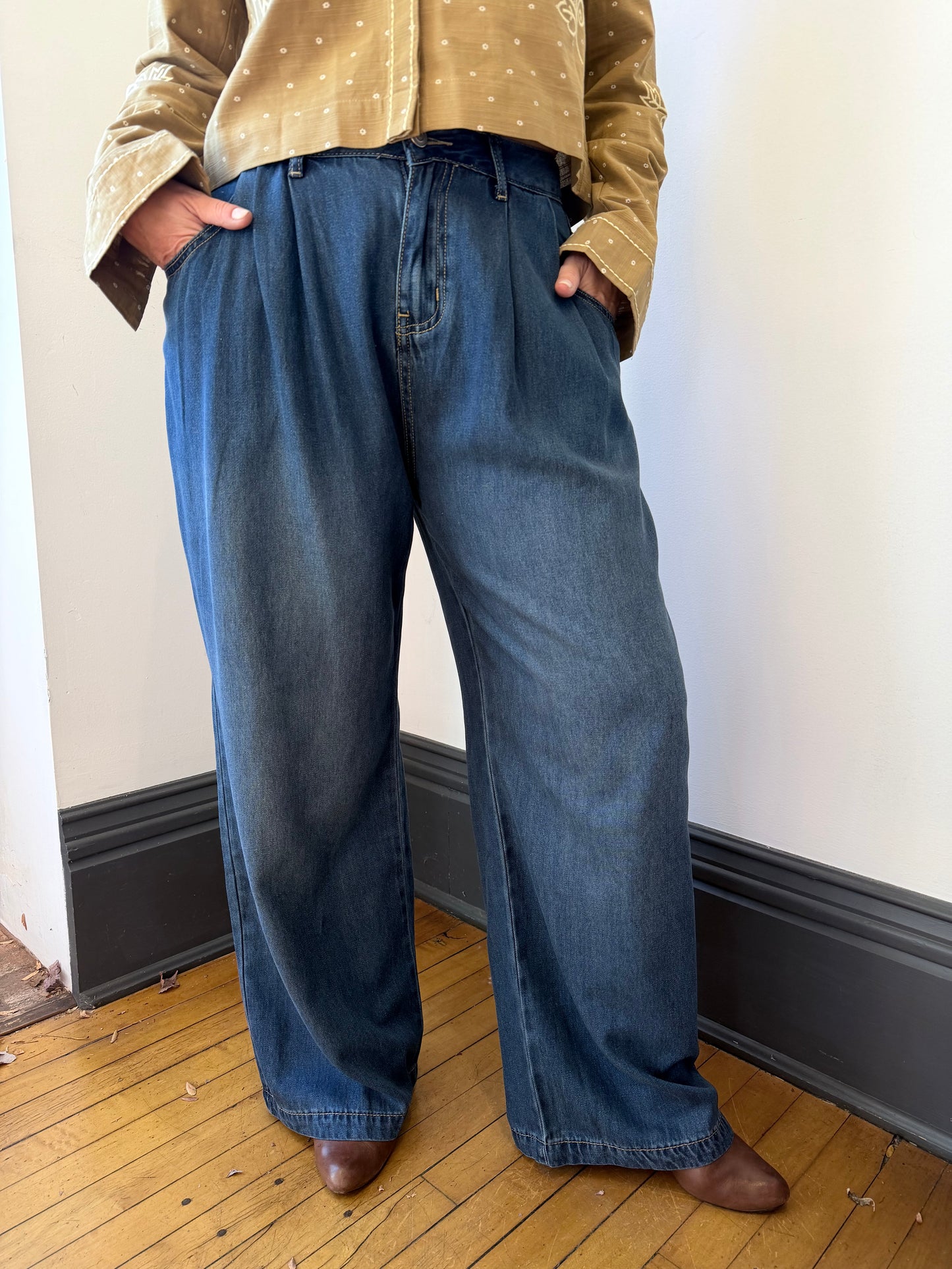 Pleated Wide-Leg Denim Pants