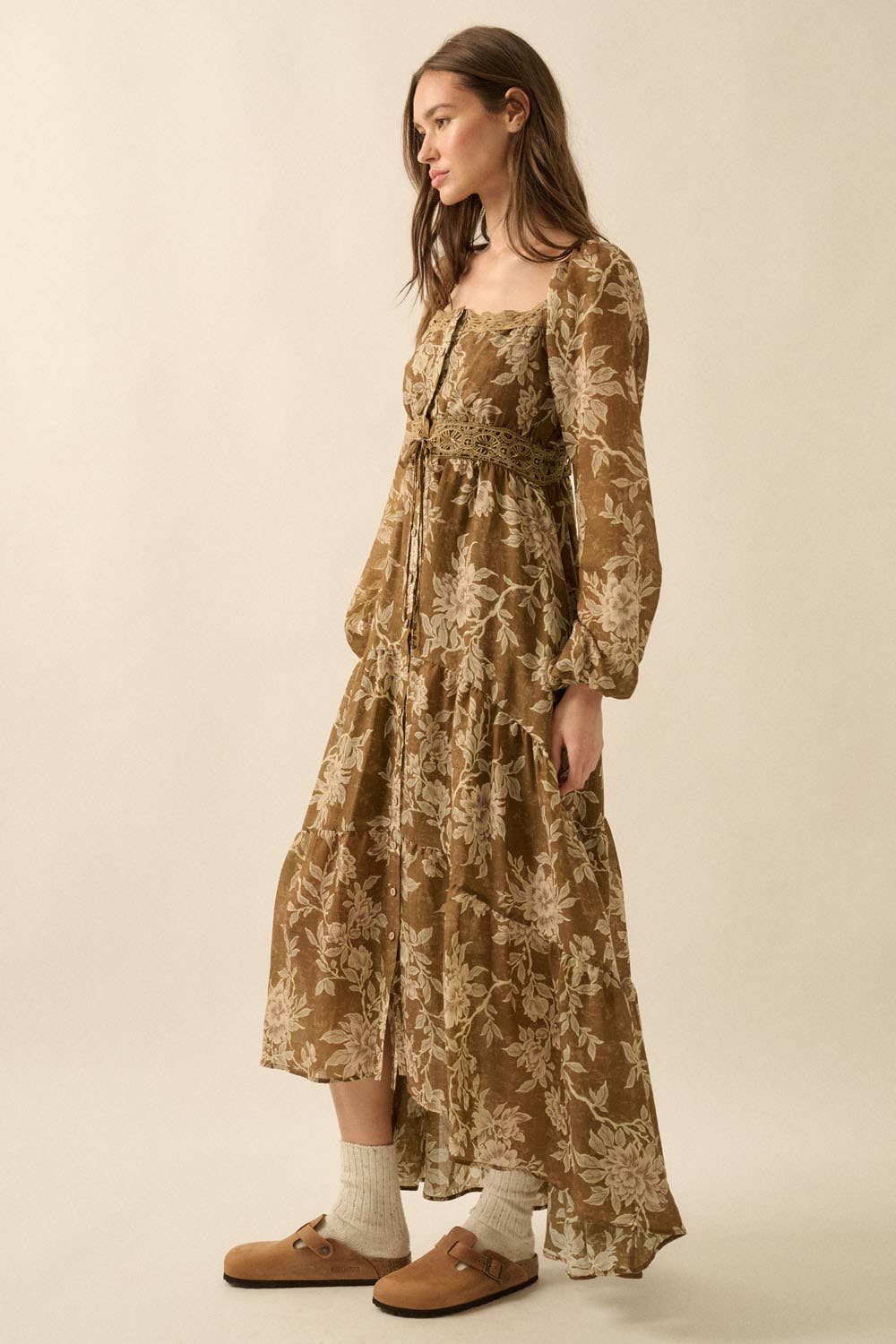Floral Bubble-Sleeve Button-Front Maxi Dress