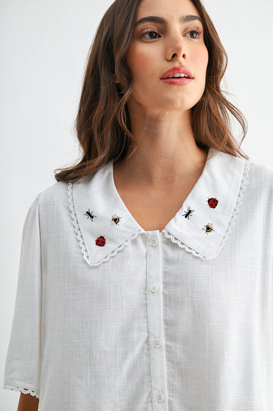 Ladybug Embroidered Cotton Blouse