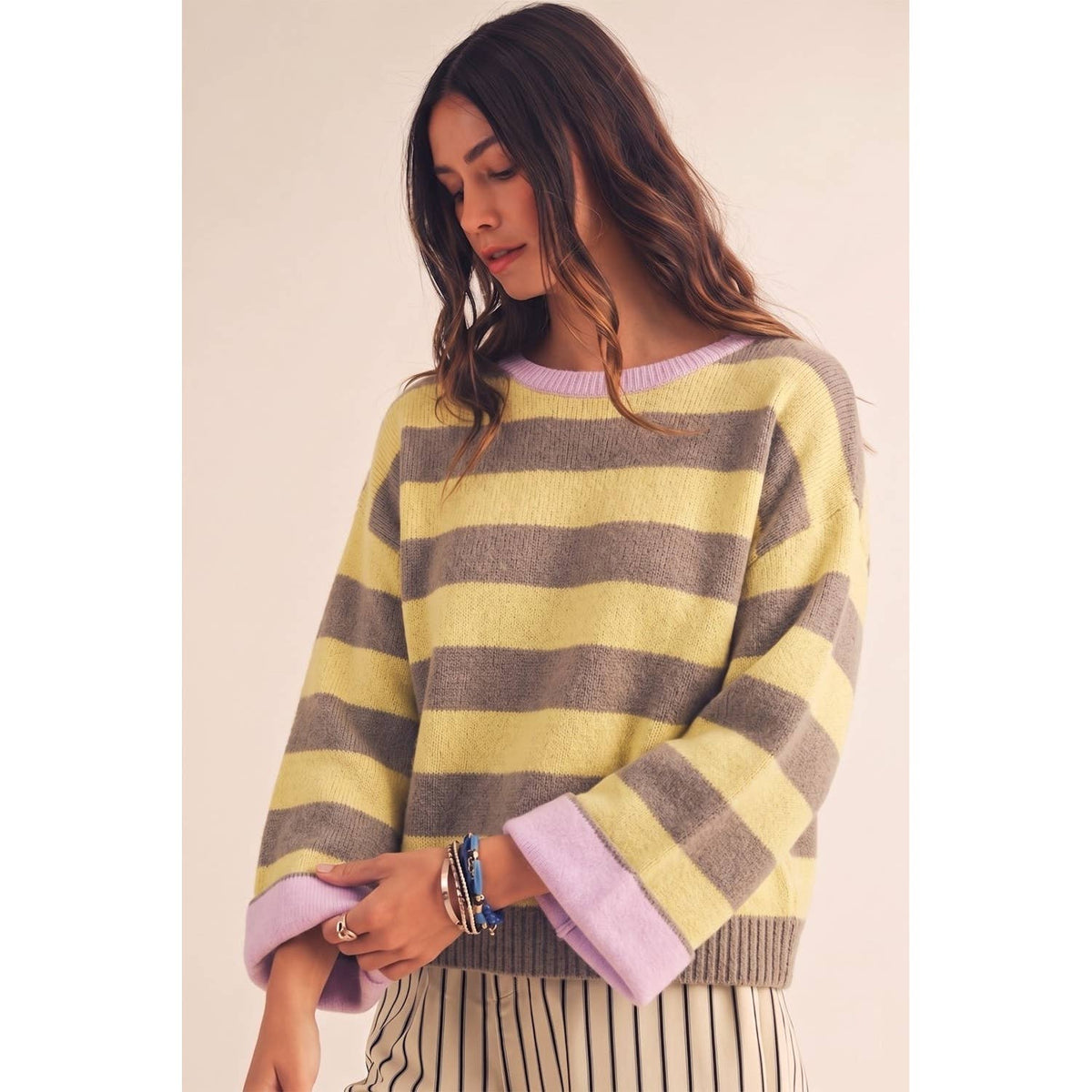 Stripe Relaxed Contrast Cuff Sweater
