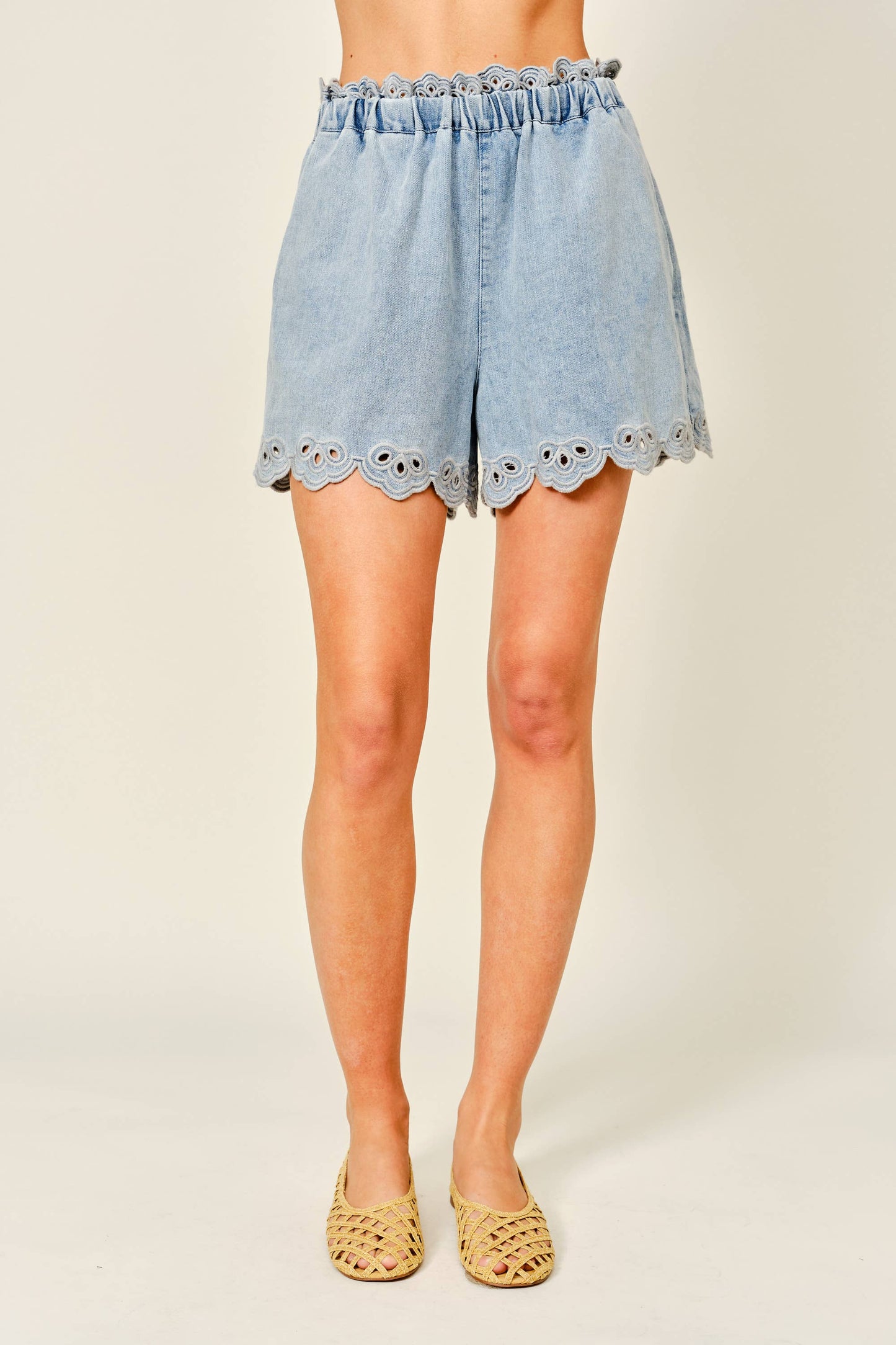 Embroidered Scallop Denim Short