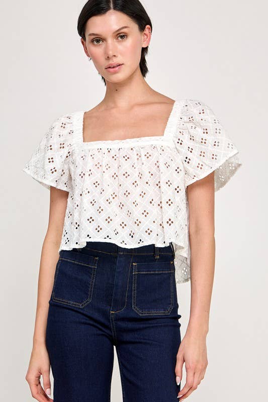 Cropped Eyelet Flutter Blouse