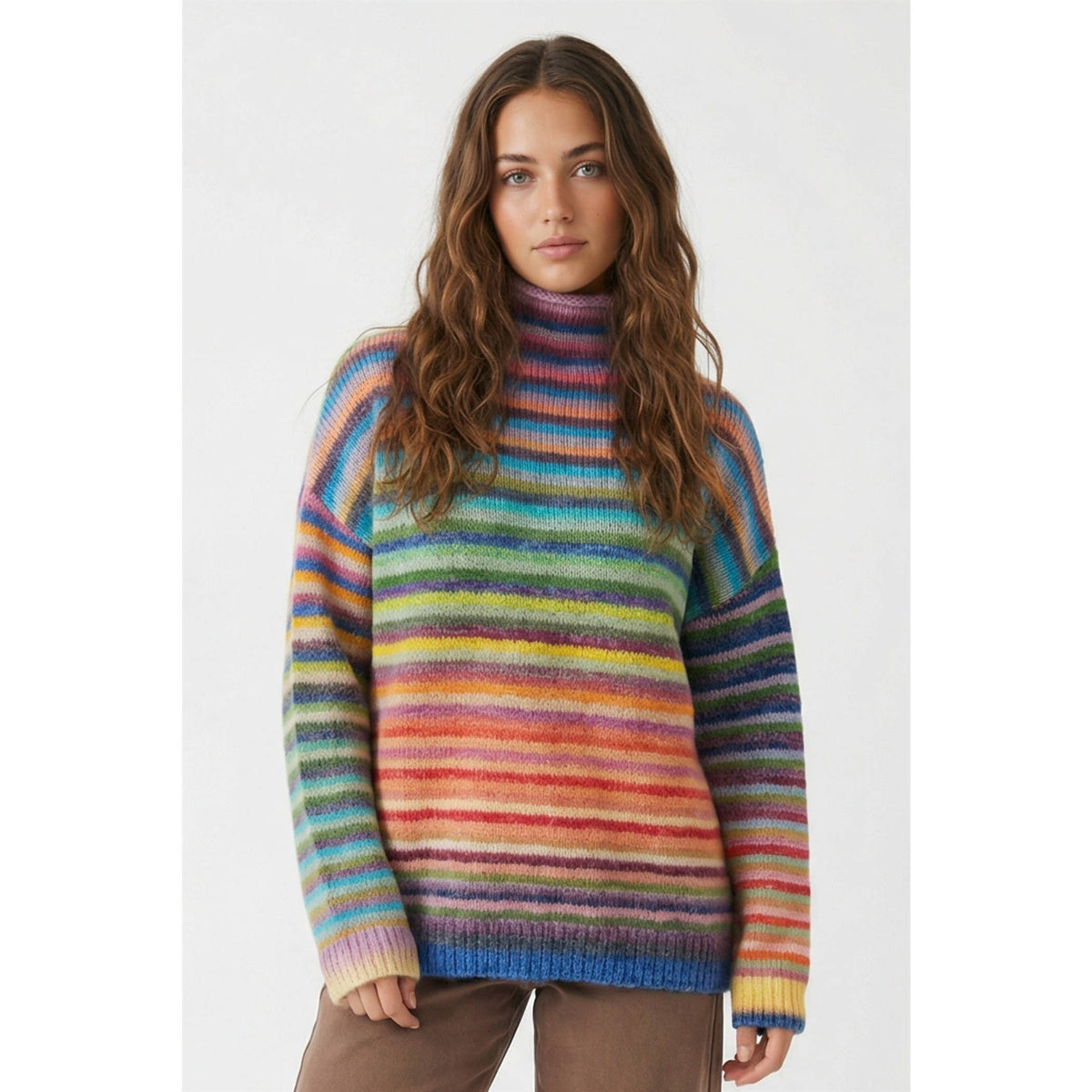 Mock Neck Multi Striped Sweater