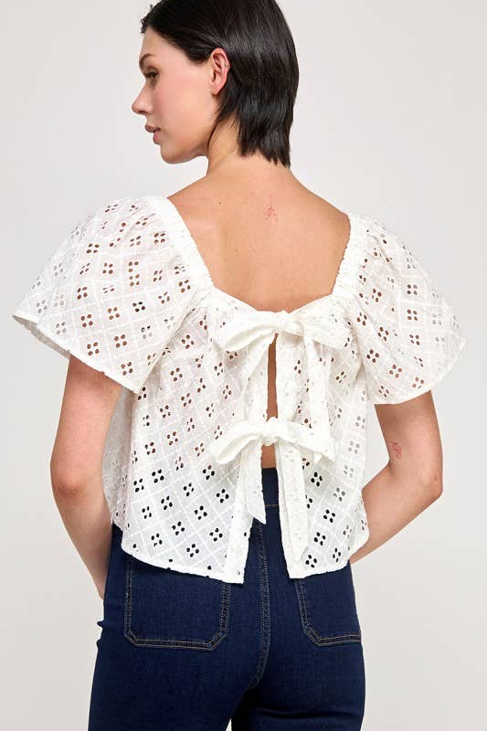 Cropped Eyelet Flutter Blouse