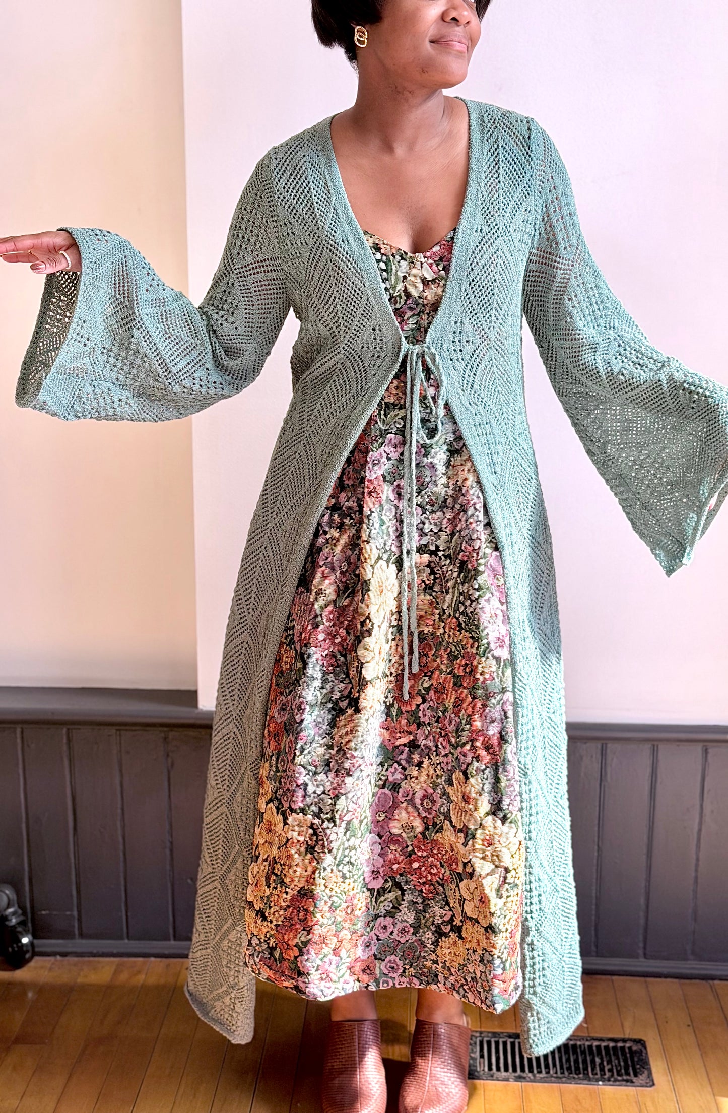 Tie-front Pointelle Crochet Duster