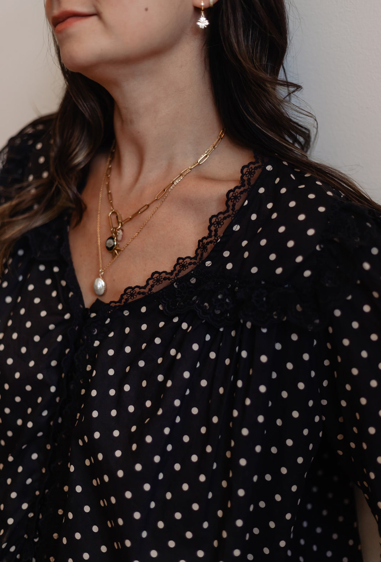 Polka Dot Lace Shirred Blouse